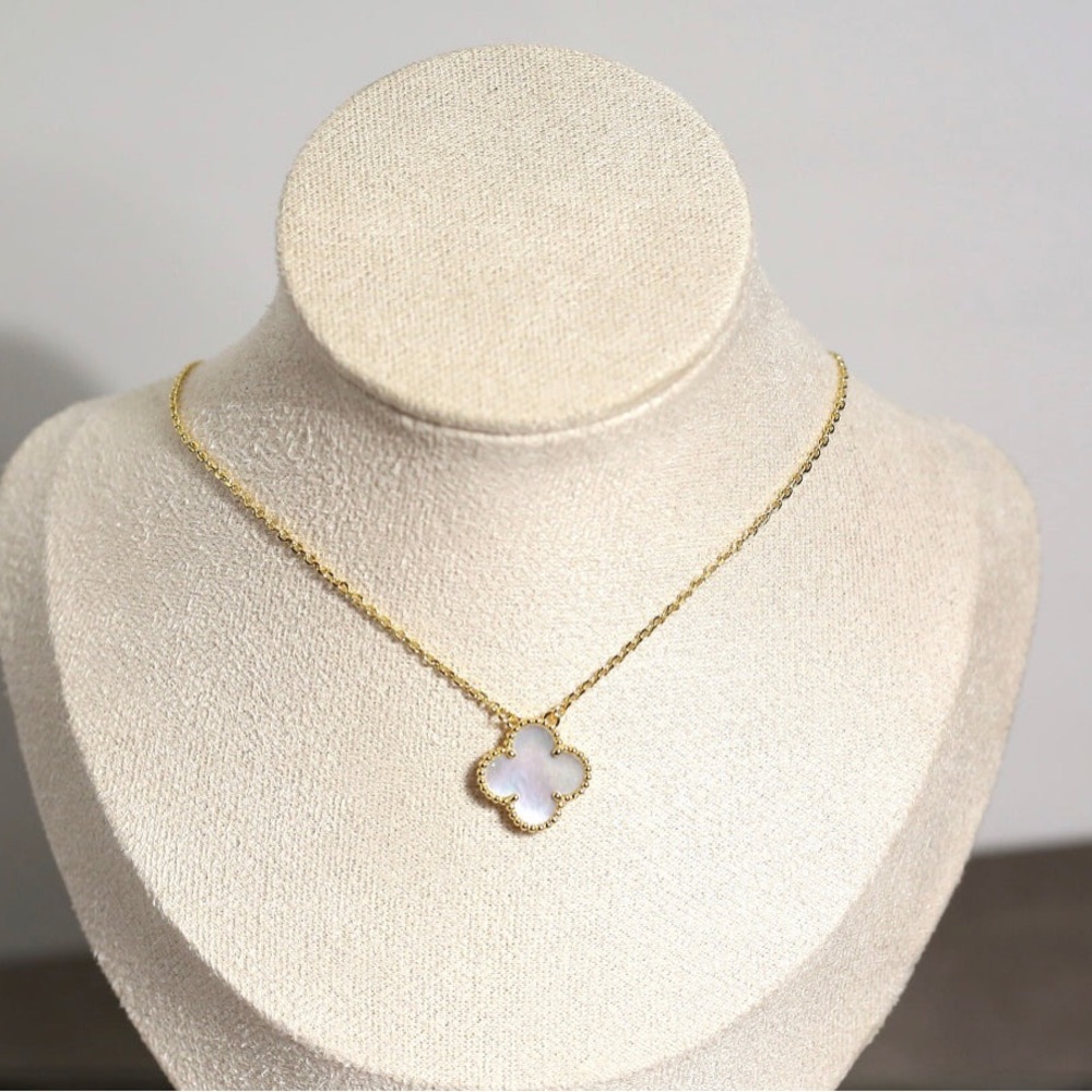 Alhambra Style Gold and White Clover Pendant Necklace